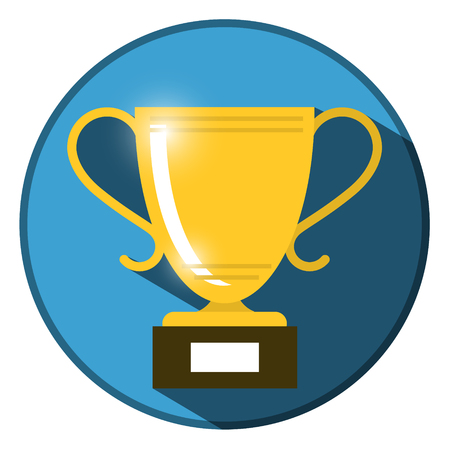 Gold Vector Win Trophy Cup Icon on Blue Circle. Flat Design Long Shadow Illustration Isolated on White Background.のイラスト素材