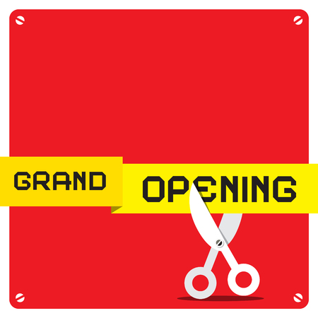 Grand Opening. Vector Red Square with Rounded Corners and Scissors Cutting Yellow Tape.のイラスト素材