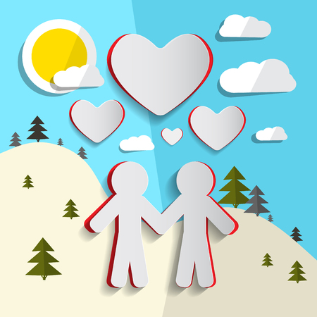 Paper Cut People Holding Hands on Nature Landscape with Sun and Cloudsのイラスト素材