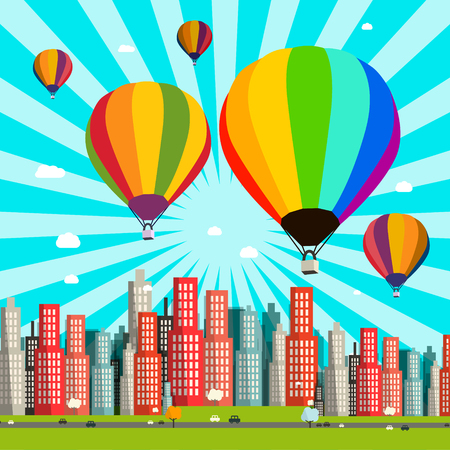 Hot Air Balloons Vector Flat Design Illustration with Abstract Cityのイラスト素材