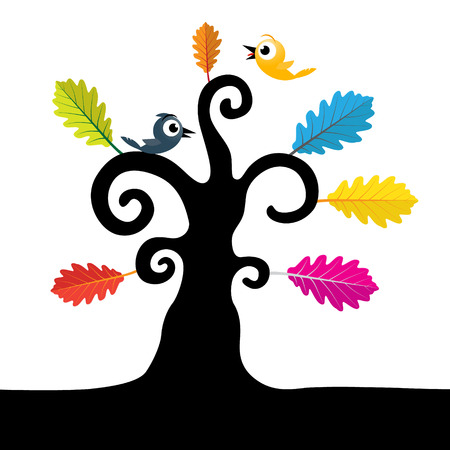 Abstract Vector Tree. Tree with Curled Branches and Colorful Leaves. Black Tree Illustration on White Background.のイラスト素材