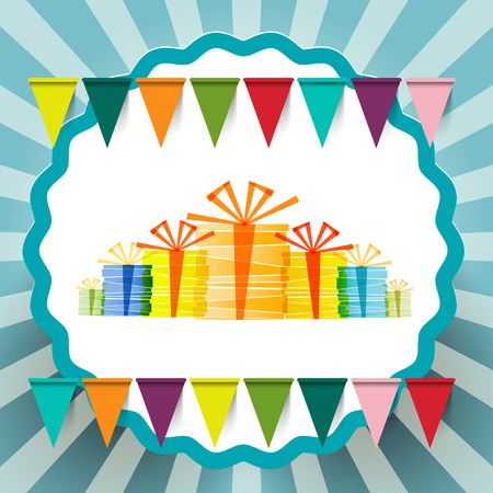Retro Gift Boxes with Flags and Circle Label on Blue Vintage Backgroundのイラスト素材