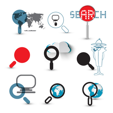 Search Icons. Magnifying Glasses Set with World Map, Globe, Detective and Computer Symbols.のイラスト素材
