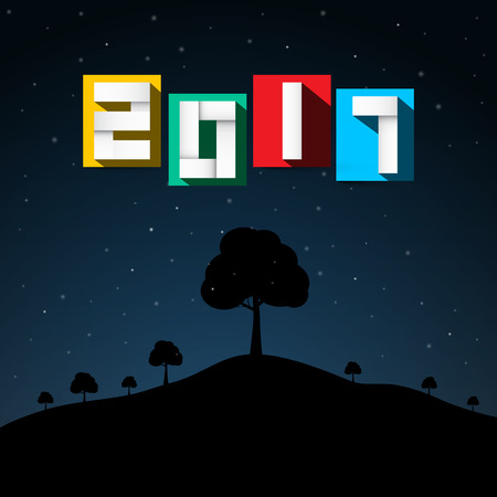 2017 Colorful Paper Cut Numbers on Night Scene Background with Trees and Hillのイラスト素材