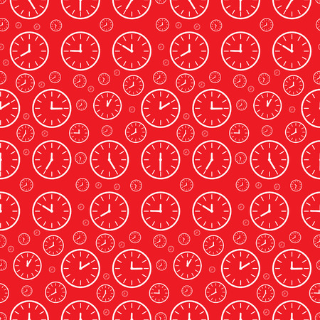 Clock Seamless Pattern. Vector Clock Face Set on Red Background.のイラスト素材