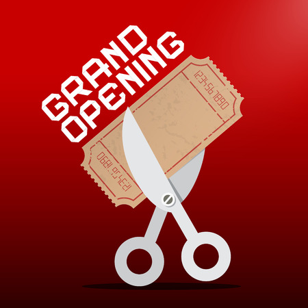 Grand Opening. Scissors Cutting Ticket on Red Background. Vector.のイラスト素材
