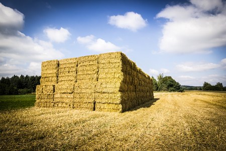 Stack - Haystack with Field and Blue Skyの写真素材