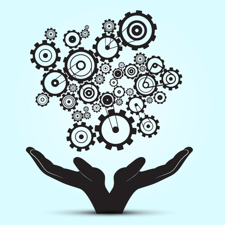 Hands and Cogs on Blue Backgroundのイラスト素材