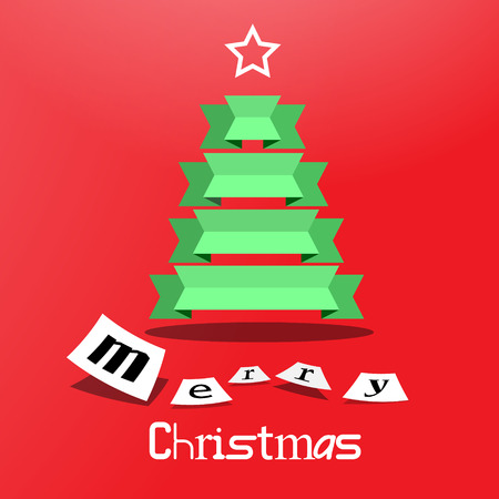 Green Paper Tree on Red Background. Vector Xmas Card. Christmas Cover Design.のイラスト素材