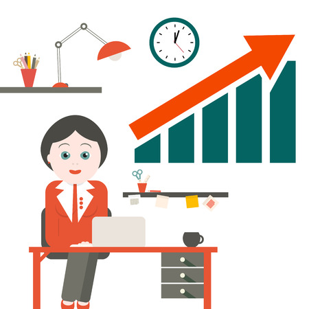 Woman in Office. Vector Secretary with Table and Success Arrow Graph.のイラスト素材