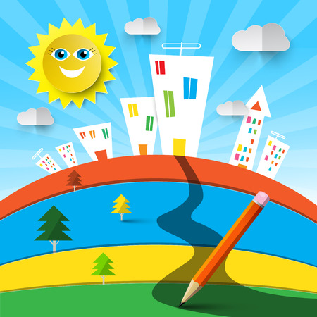 Funky Colorful Landscape Cartoon with Houses and Sun. Vector Abstract Nature Design.のイラスト素材