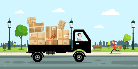 Delivery Service Car with Paper Boxes and Driver on Street with City park on Background. Vector Illustration.のイラスト素材