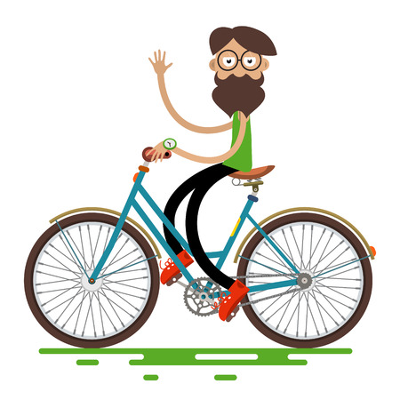 Hipster Man Riding Retro Bike Isolated on White Background. Vector Cartoon.のイラスト素材