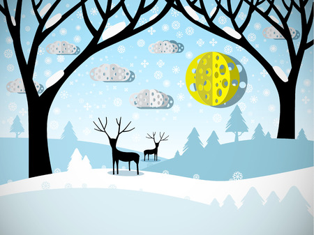 Winter Landscape. Field Covered with Snow, Trees and Deer.のイラスト素材