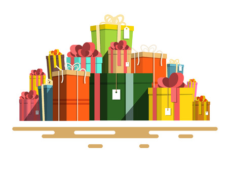 Vector Flat Design Paper Gift Boxes Pile. Retro Present Box Set Isolated on White Background.のイラスト素材