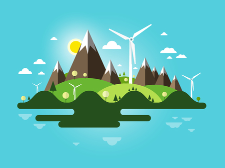 Flat Design Landscape. Abstract Nature Scene. Vector Island with Windmills, Mountains and Blue Sky.のイラスト素材