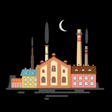 Night Industrial City. Factory with Moon on Dark Sky.のイラスト素材