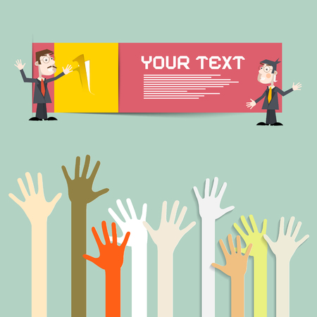 Business Infographic Template with Businessmen and Raised Handsのイラスト素材