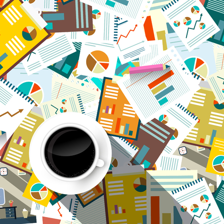 Paperwork Background. Top View Forms, Tax and Documents on Table with Coffee Cup. Vector Flat Design Illustration.のイラスト素材