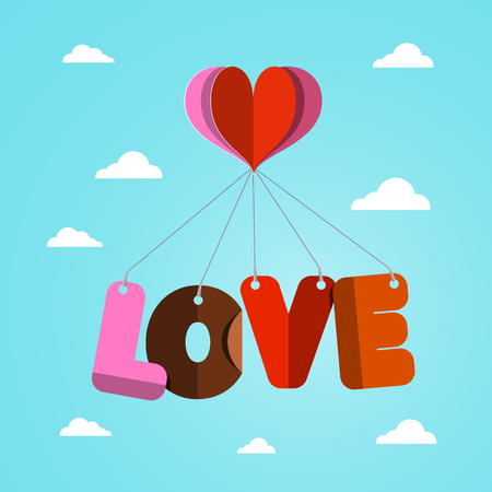 Love and Heart Paper Cut Symbols Flying on Blue Sky with Cloudsのイラスト素材