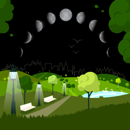 Night City Park with Moon Phases on Skyのイラスト素材
