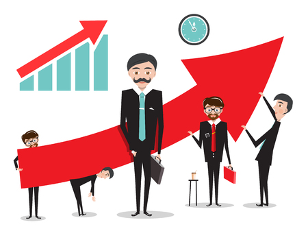 Big Red Arrow with Businessmen. Success Graph Vector Illustration Isolated on White Background.のイラスト素材