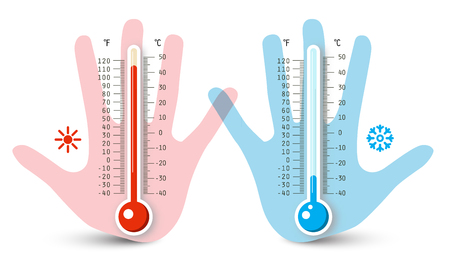 Thermometers in Human Hand. Vector Temperature Measurement Icons Isolated on White Background.のイラスト素材