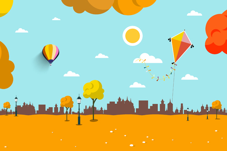 Autumn Empty City Park. Vector Flat Design Landscape Background.のイラスト素材