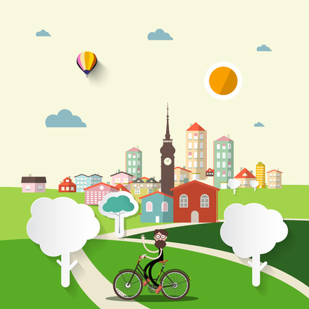Abstract Vector Flat Design City with Man on Bicycle.のイラスト素材