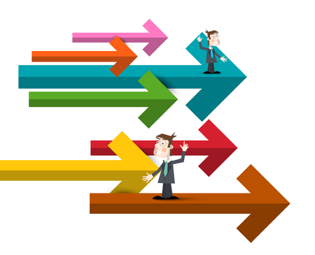 Businessmen with Colorful Paper Arrows. Vector Illustration of Men in Suits.のイラスト素材