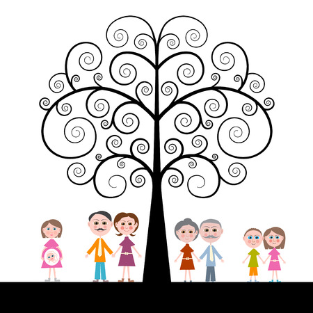 Family under a Curled Tree on White Backgroundのイラスト素材