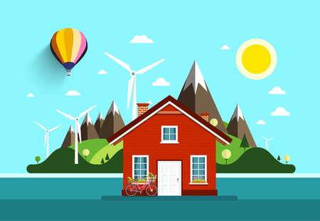 House in Nature background. Vector Flat Design Landscape.のイラスト素材