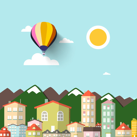 Town with Mountains vector Flat Design Illustration.のイラスト素材