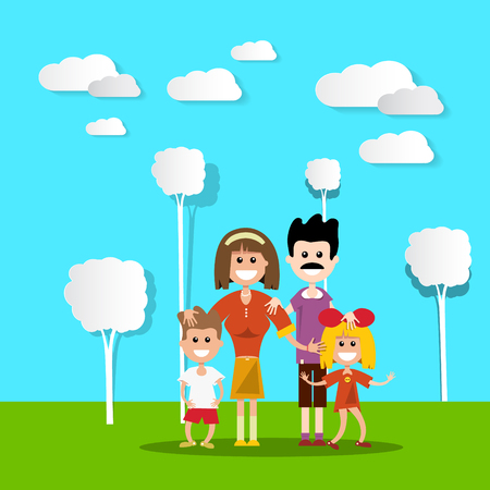 People in Nature. Hapy Family with Paper Cut Flat Design Trees and Clouds.のイラスト素材