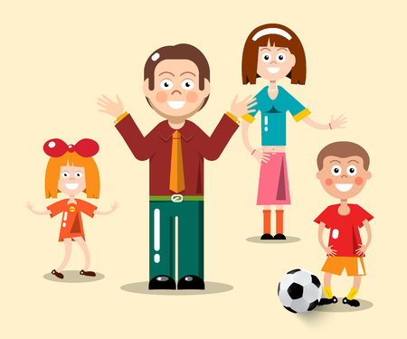 Happy family flat design vector illustration. Man, woman, boy with football fall and girl.のイラスト素材