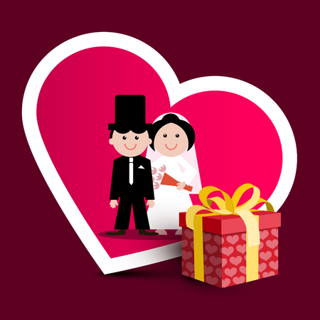 Wedding greeting card with paper gift box with hearts. Bride and groom vector illustration.のイラスト素材