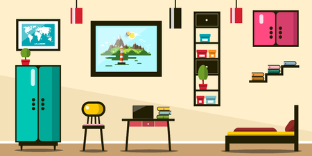 Flat design room working space with bed and furniture.のイラスト素材