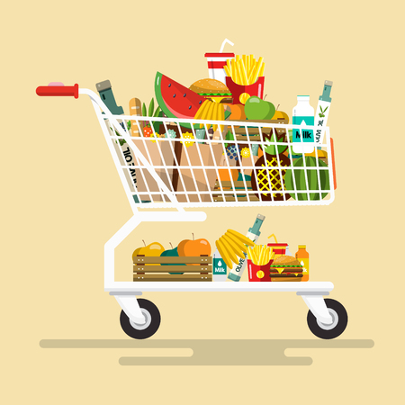 Shopping Cart with Foodstuff. Vector Flat Design Icon.のイラスト素材
