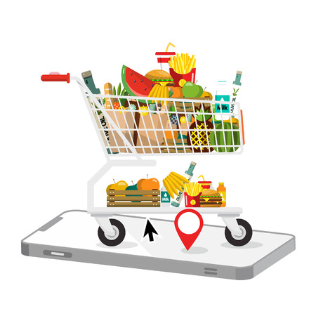 Shopping Cart with Cellphone. Vector E-Shop Application Symbol.のイラスト素材