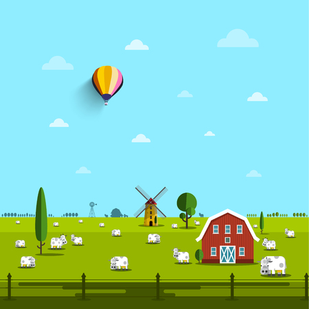 Farm with Cows on Field. Vector Rural Scene. のイラスト素材