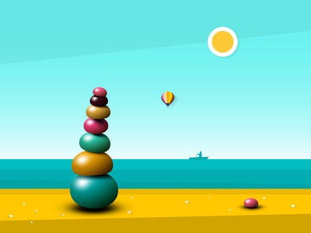 Quiet Peaceful Ocean Landscape with Zen Pebbles Heap on Beach. Vector Flat Design Illustration with Sea.のイラスト素材