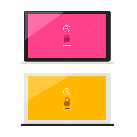 Lock and Unlock with Password Symbols on Notebook Screens. Vector Laptops Isolated on White Background.のイラスト素材