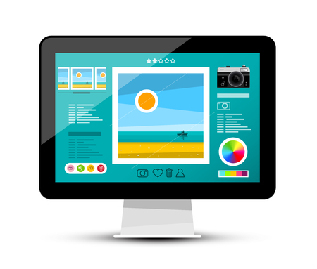 Web gallery on screen of a computer monitor showing a camera and picturesのイラスト素材