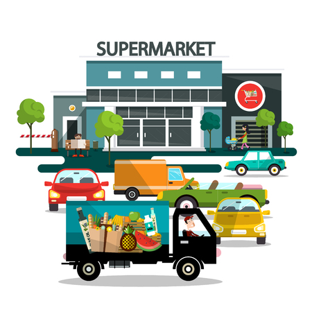 Supermarket building with cars parked and driving with food itemsのイラスト素材