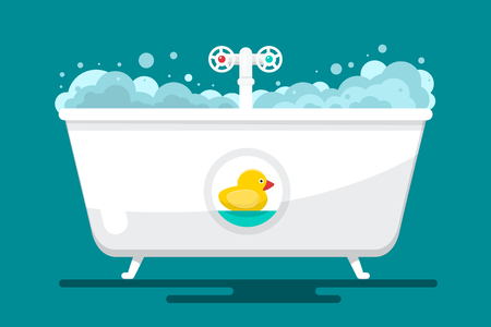 Bathtub with bubbles and a duck image on the side on a blue backgroundのイラスト素材