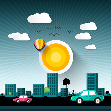 Abstract Vector Sunset City with Buildings and Cars on Streetのイラスト素材
