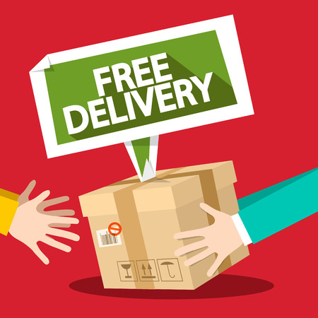 Free Delivery Symbol with Parcel and Hands. Vector Flat Design Illustration.のイラスト素材
