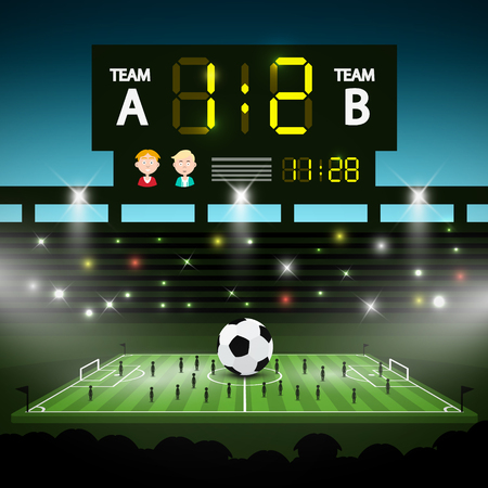 Football Playground with Big Scoreboard. Soccer Stadium with Players Vector Illustration.のイラスト素材