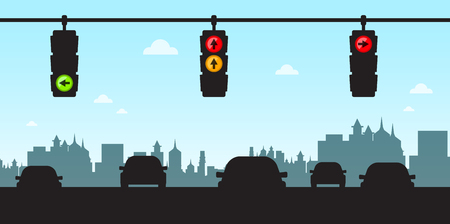Traffic Lights - Cars in City with Skyline Silhouetteのイラスト素材