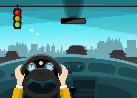 Traffic Light with City on Background. Hands on Steering Wheel. Vector Car Illustration.のイラスト素材